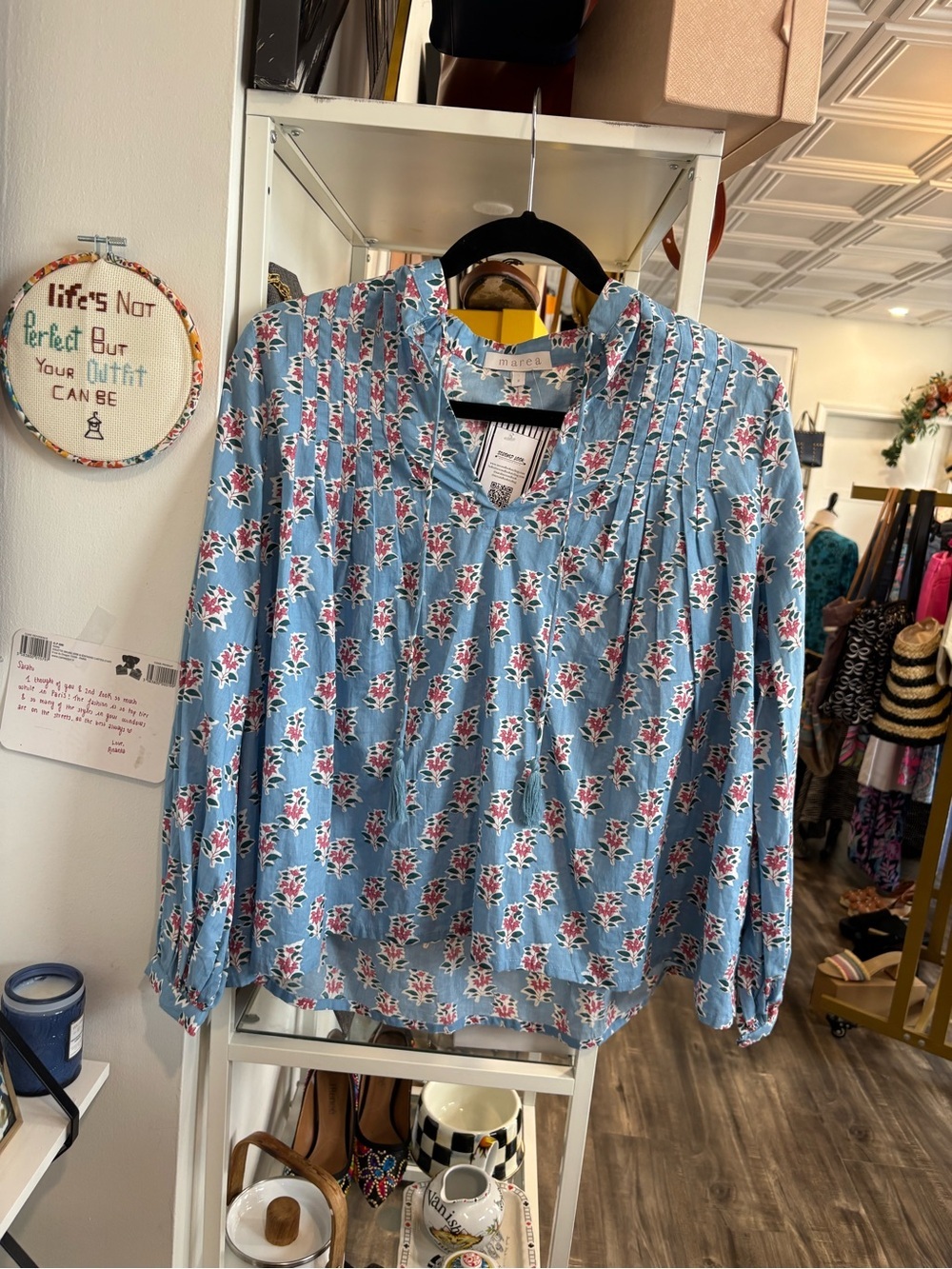 Marea Light Blue Floral Pintuck V-Neck boho Blouse